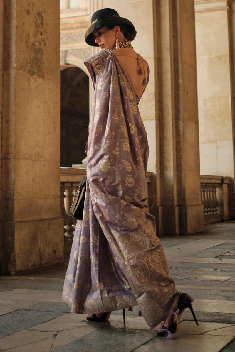 Purple Elegant Banarasi Silk Saree with Zari Weaving Blouse Pieces