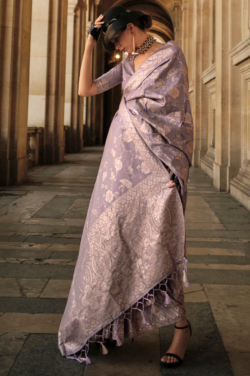 Purple Elegant Banarasi Silk Saree with Zari Weaving Blouse Pieces