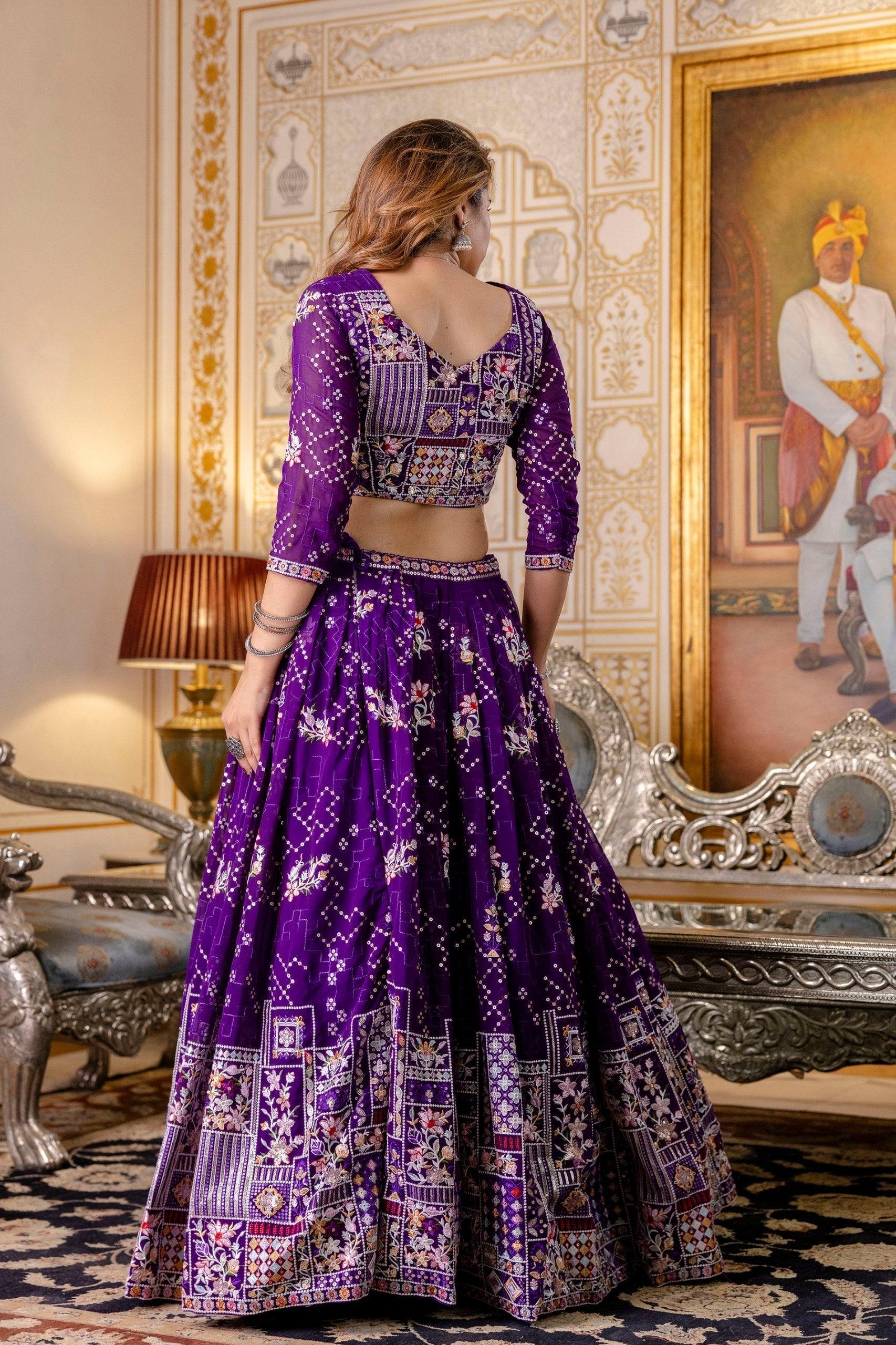Purple Elegant Blooming Georgette Embroidered Semi-Stitched Lehenga Set
