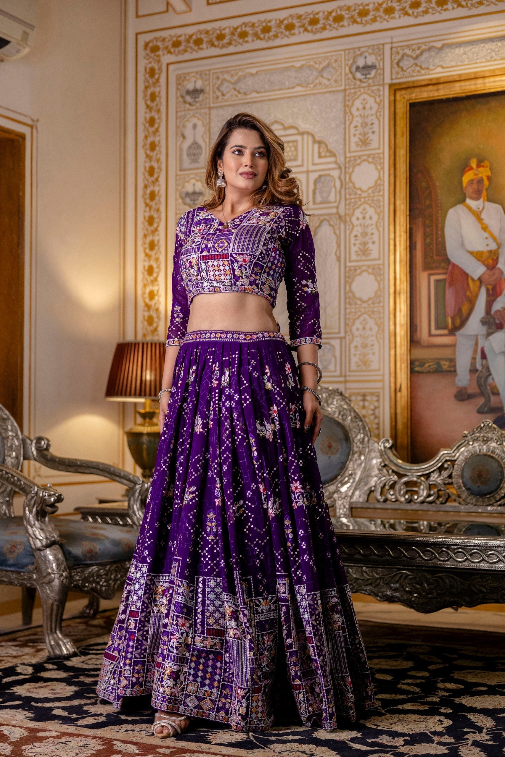 Purple Elegant Blooming Georgette Embroidered Semi-Stitched Lehenga Set