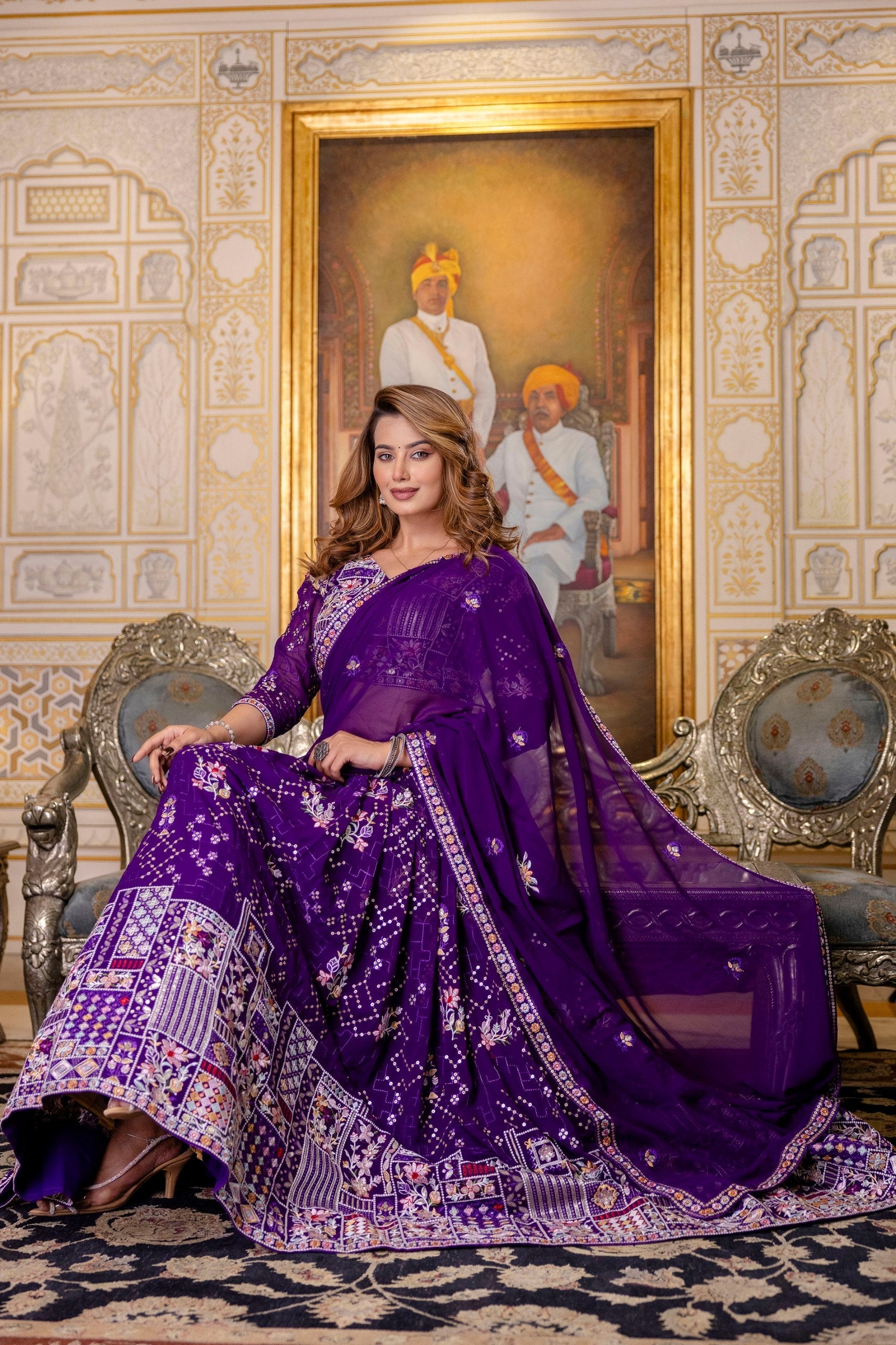 Purple Elegant Blooming Georgette Embroidered Semi-Stitched Lehenga Set
