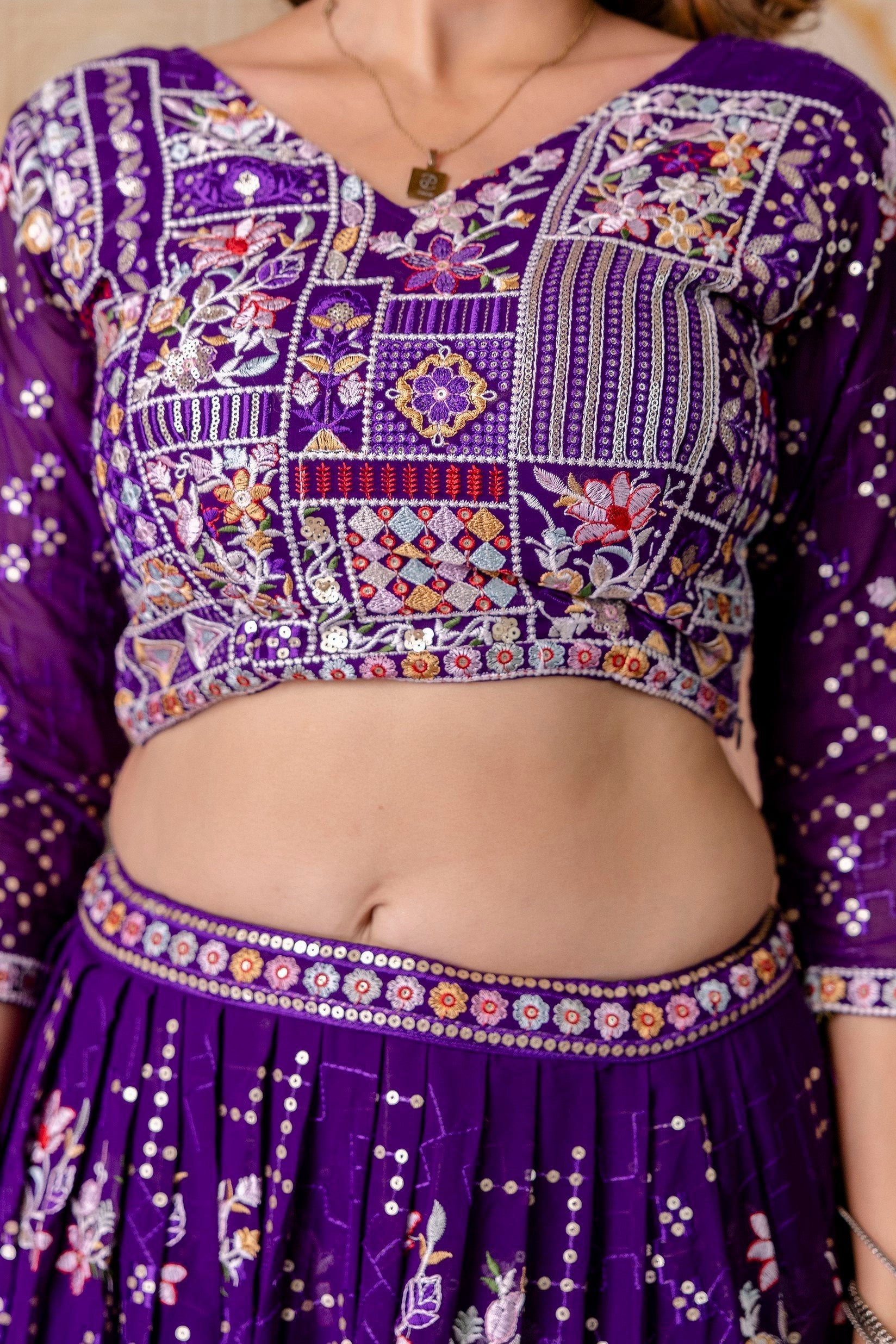 Purple Elegant Blooming Georgette Embroidered Semi-Stitched Lehenga Set