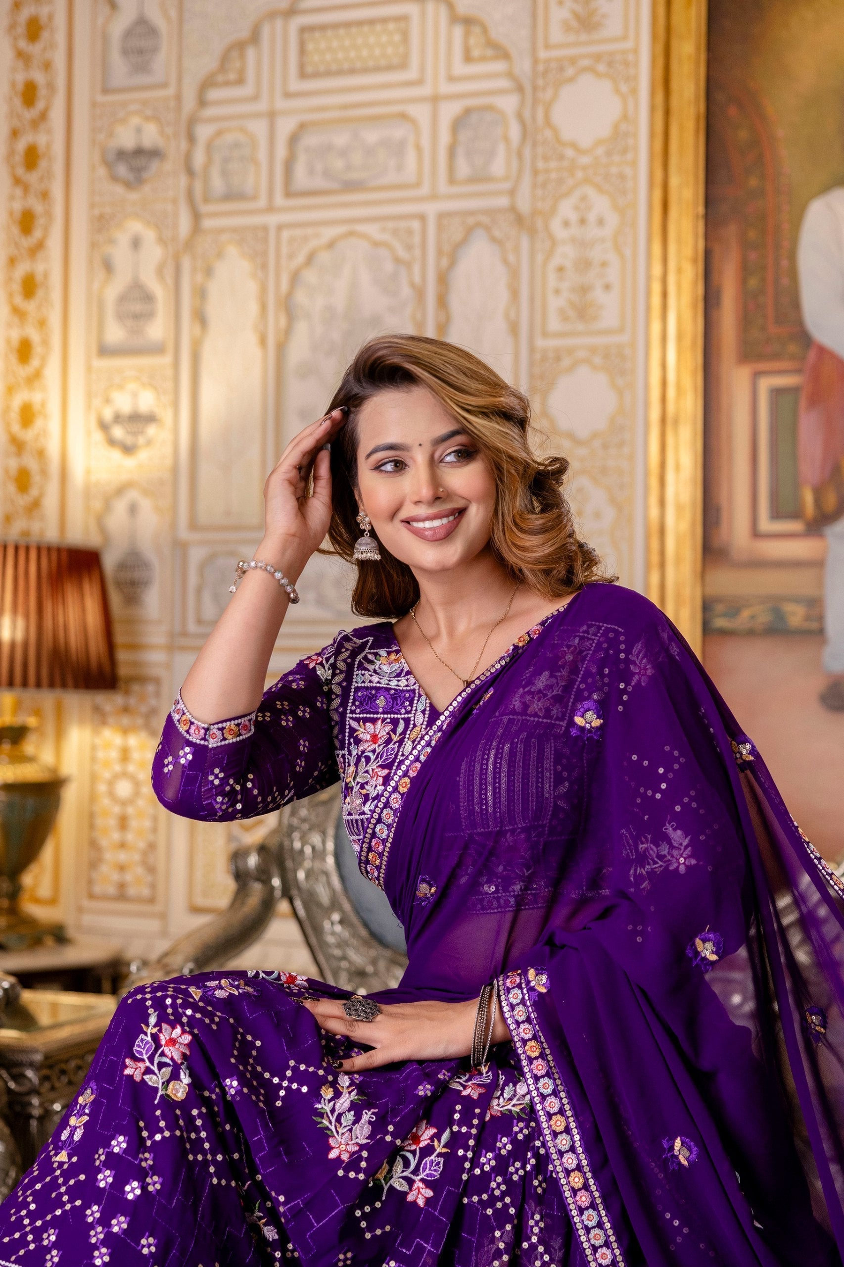 Purple Elegant Blooming Georgette Embroidered Semi-Stitched Lehenga Set