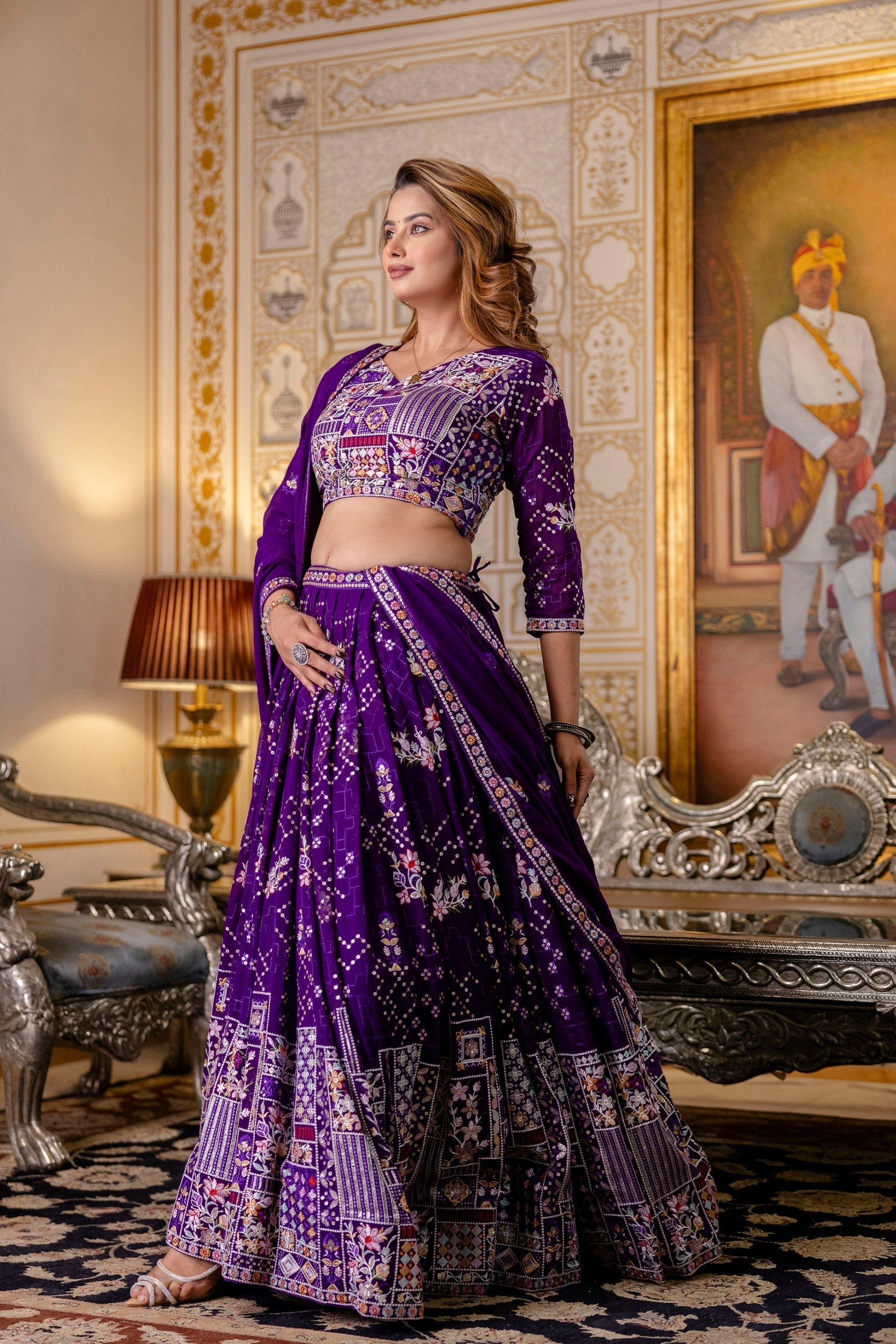 Purple Elegant Blooming Georgette Embroidered Semi-Stitched Lehenga Set