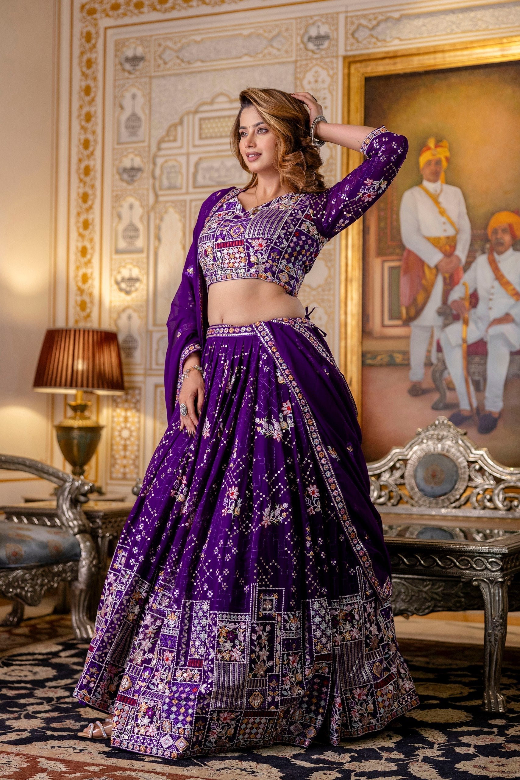 Purple Elegant Blooming Georgette Embroidered Semi-Stitched Lehenga Set