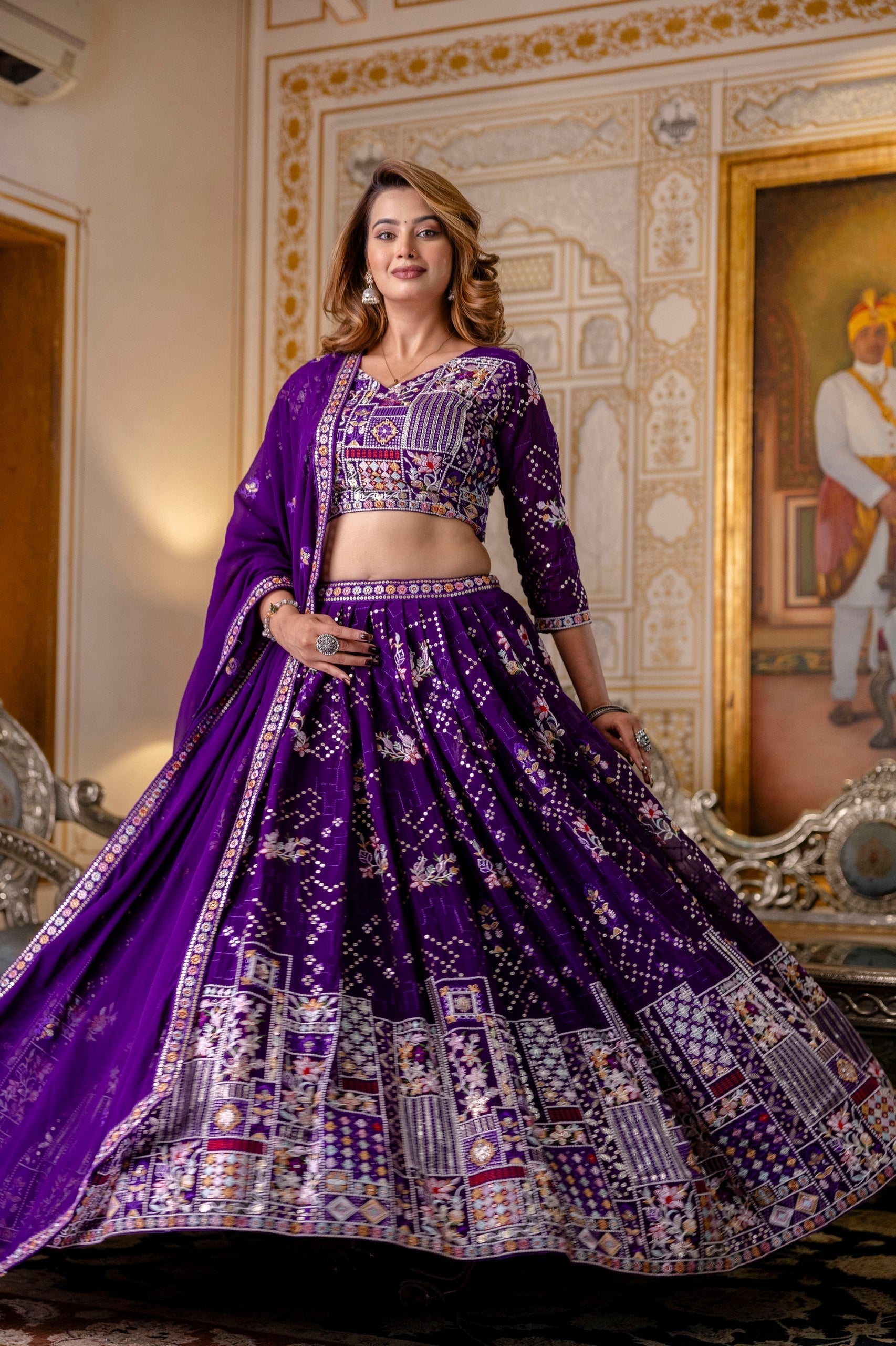 Purple Elegant Blooming Georgette Embroidered Semi-Stitched Lehenga Set