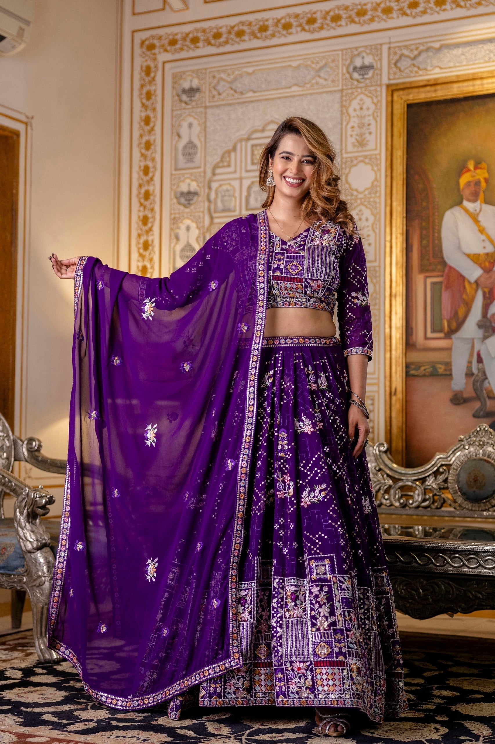 Purple Elegant Blooming Georgette Embroidered Semi-Stitched Lehenga Set