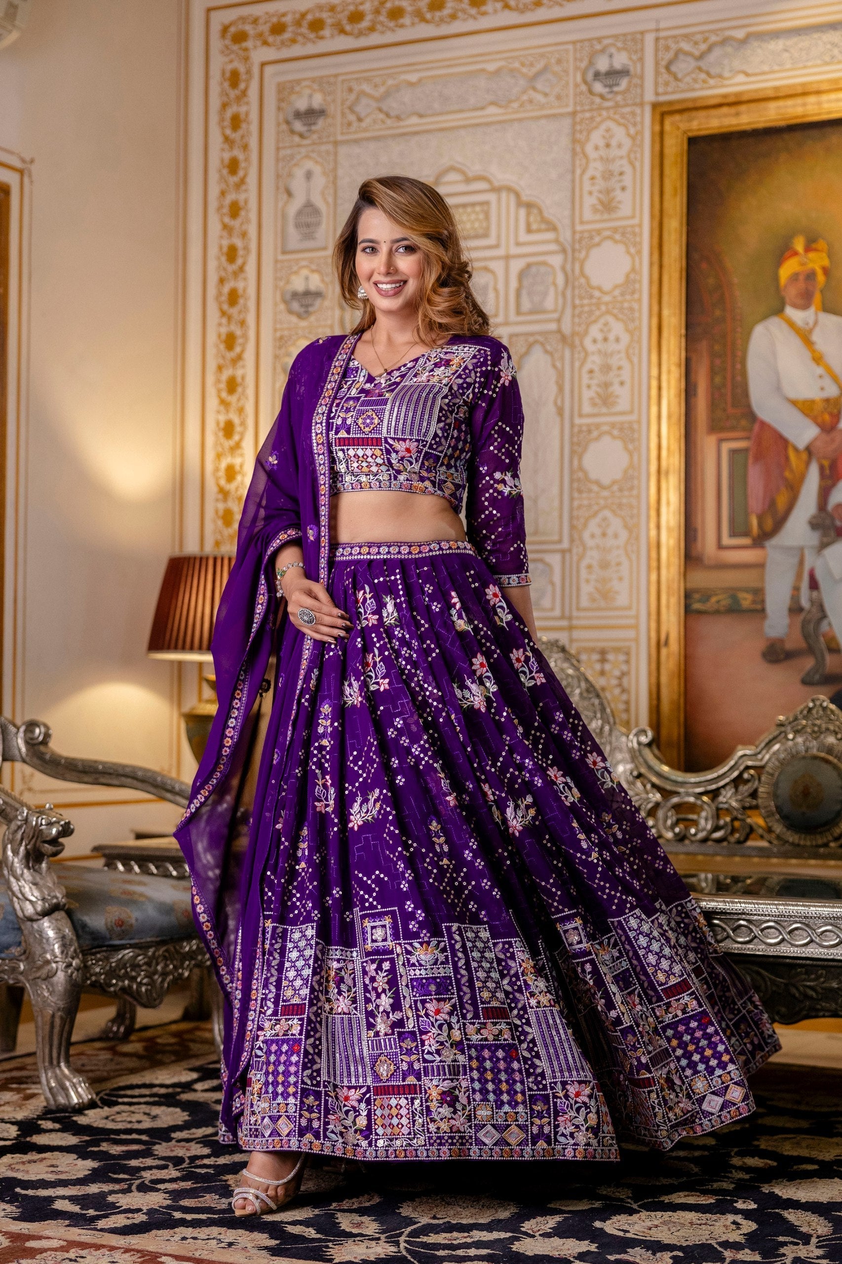 Purple Elegant Blooming Georgette Embroidered Semi-Stitched Lehenga Set