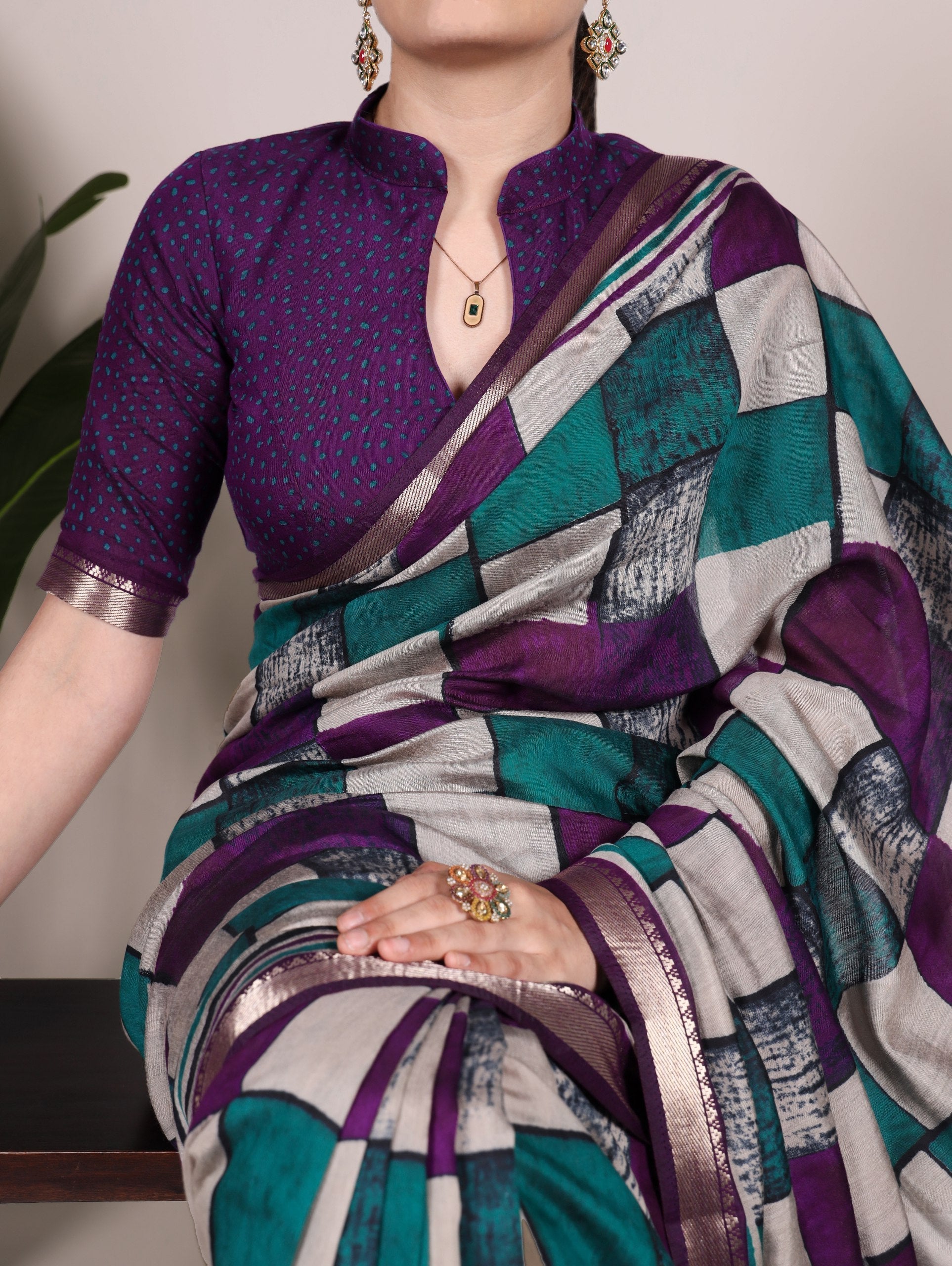 Purple Elegant Chanderi Printed Saree with Temple Border & Matching Blouse