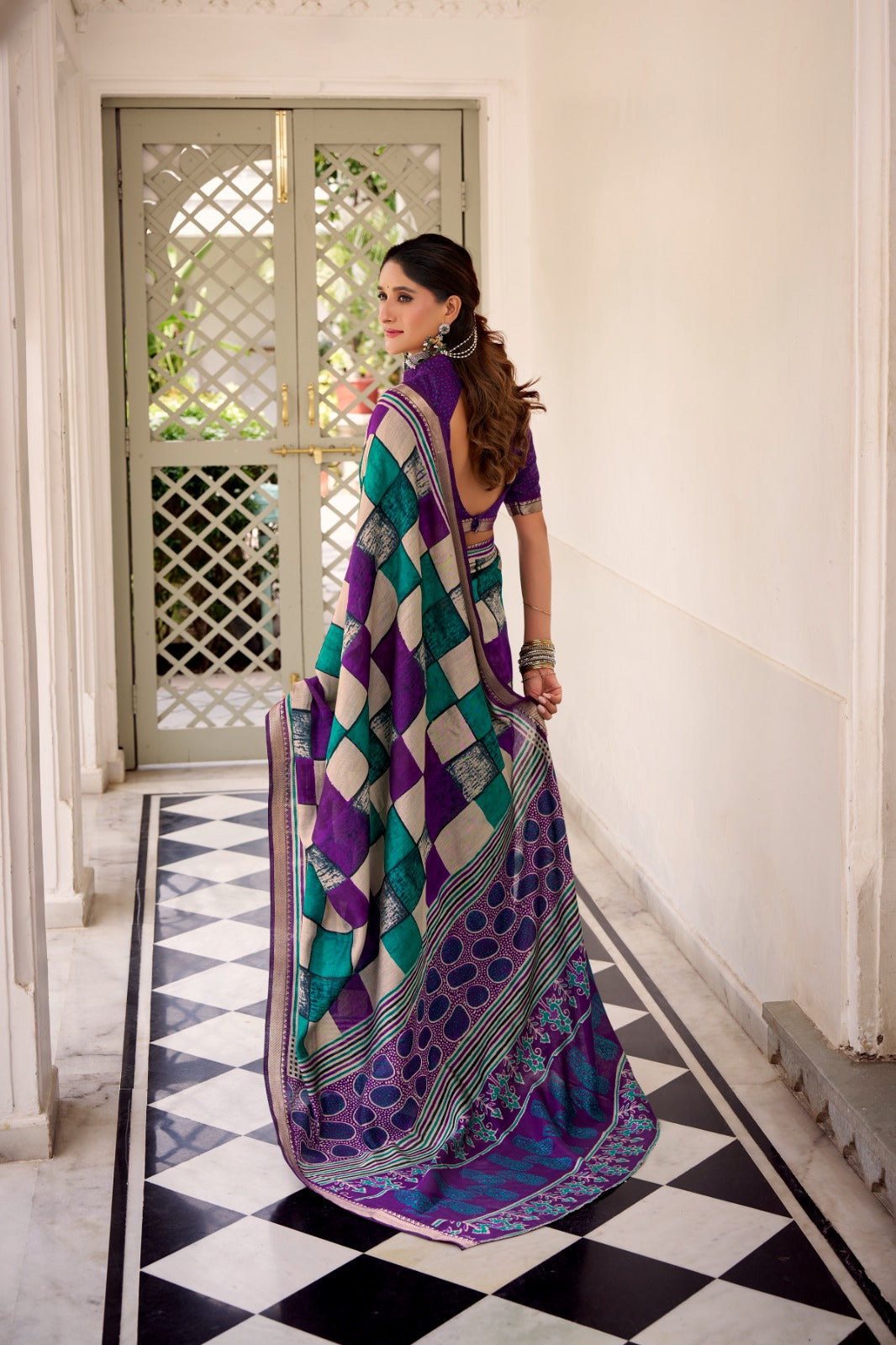 Purple Elegant Chanderi Printed Saree with Temple Border & Matching Blouse