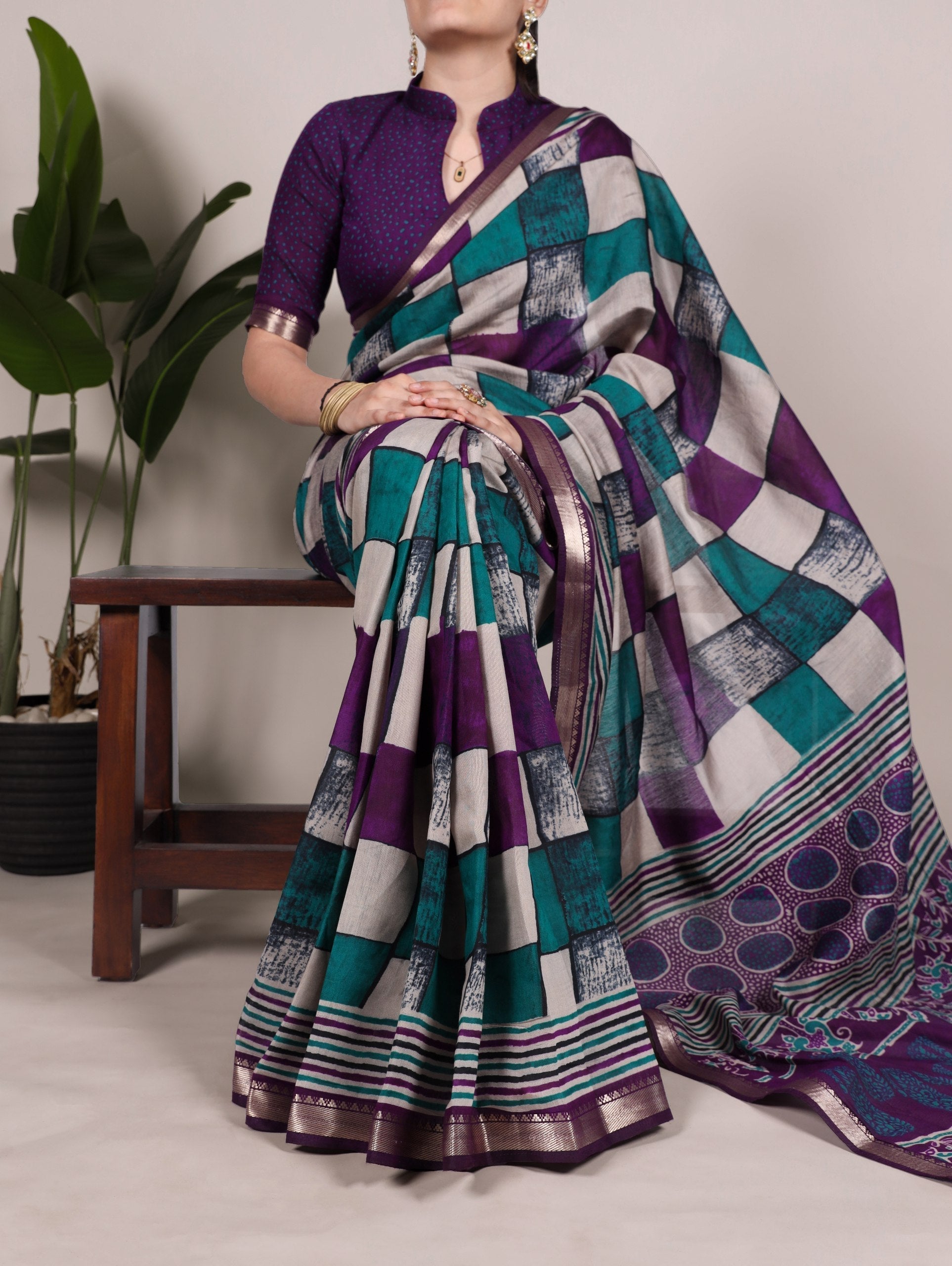 Purple Elegant Chanderi Printed Saree with Temple Border & Matching Blouse