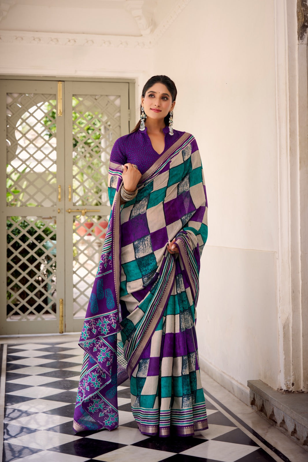 Purple Elegant Chanderi Printed Saree with Temple Border & Matching Blouse