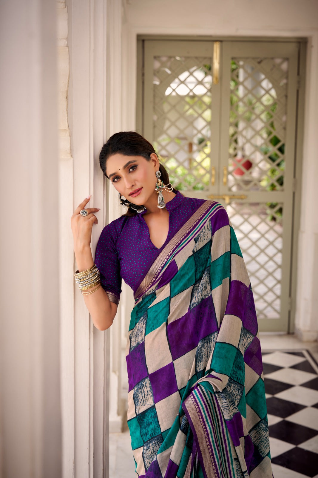 Purple Elegant Chanderi Printed Saree with Temple Border & Matching Blouse