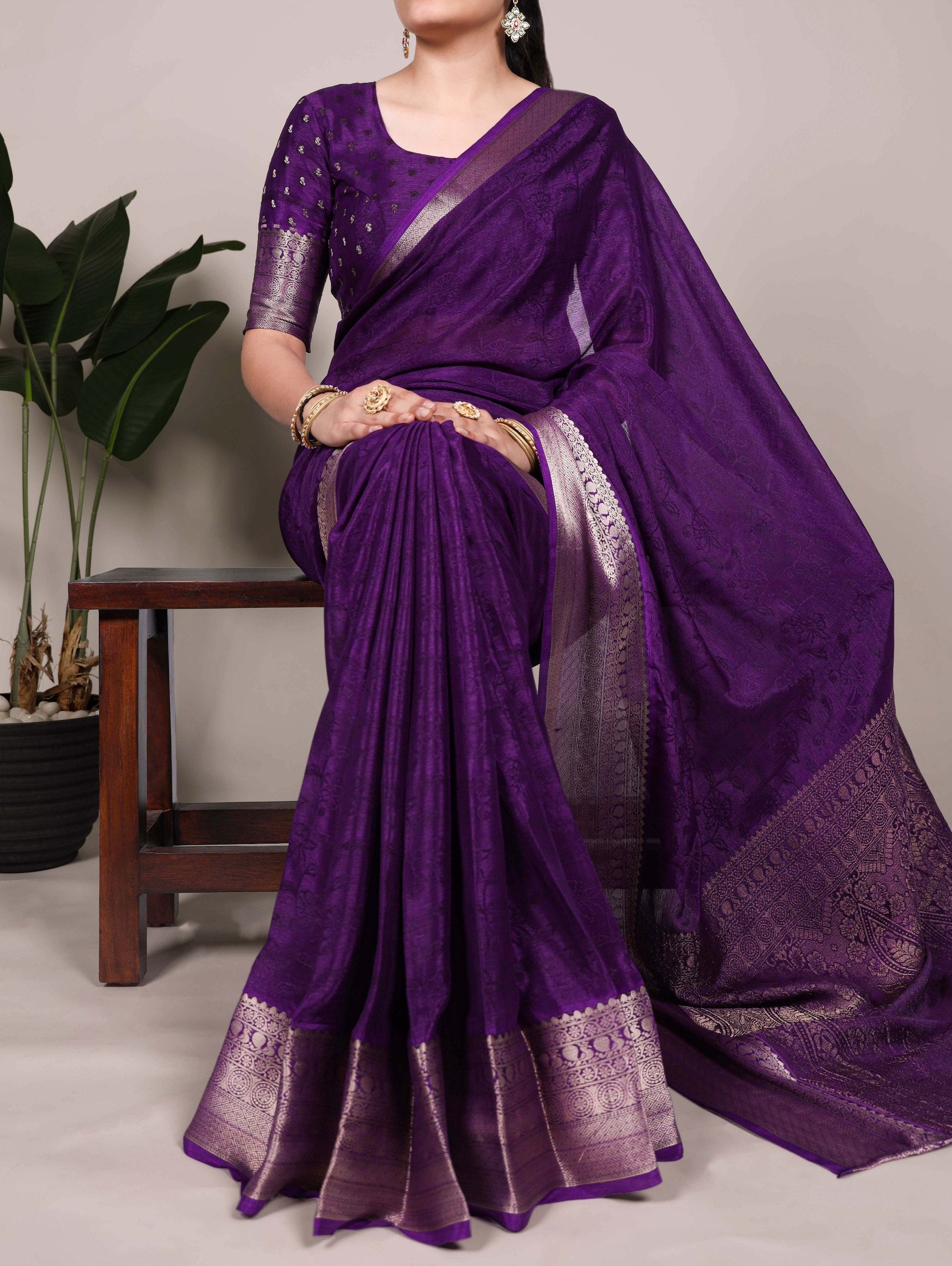 Purple Elegant Chinon Saree with Self Print & Zari Weaving Work Unstitched Blouse Included