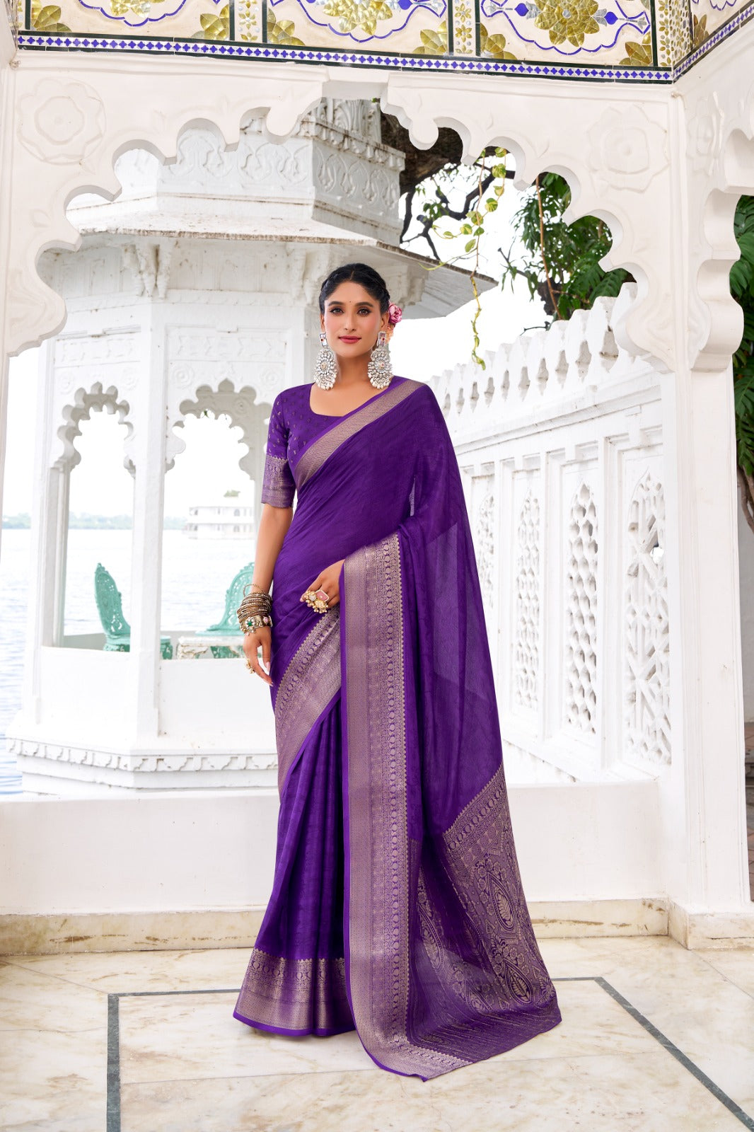 Purple Elegant Chinon Saree with Self Print & Zari Weaving Work Unstitched Blouse Included