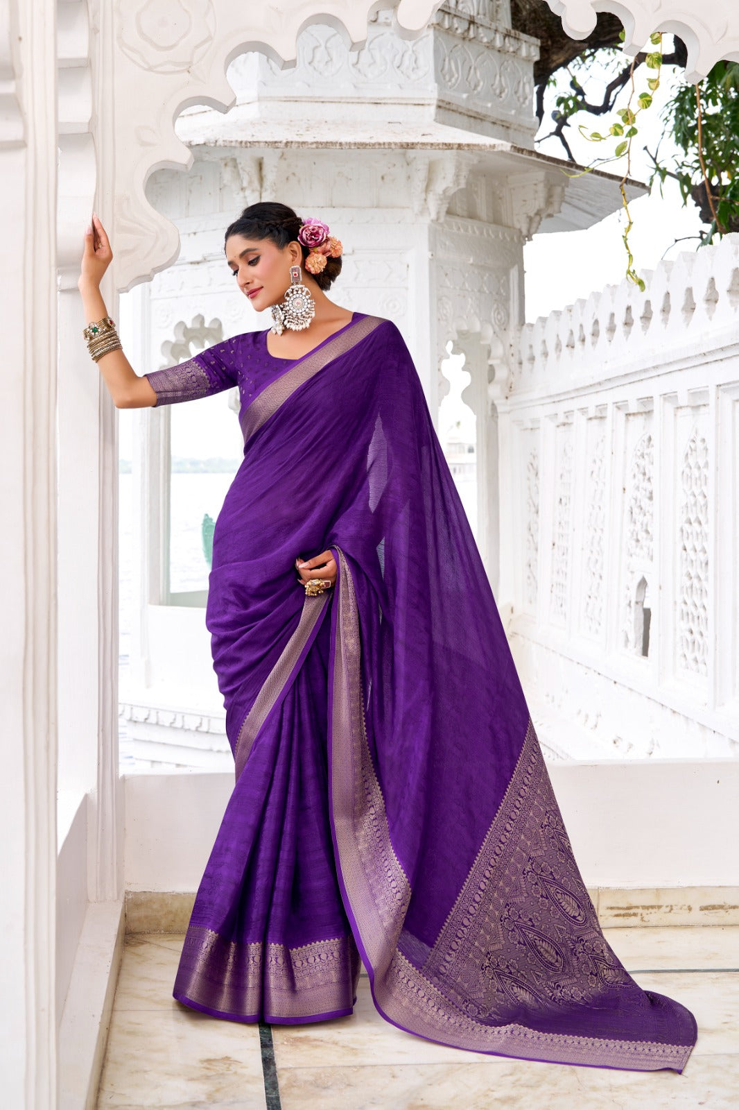 Purple Elegant Chinon Saree with Self Print & Zari Weaving Work Unstitched Blouse Included