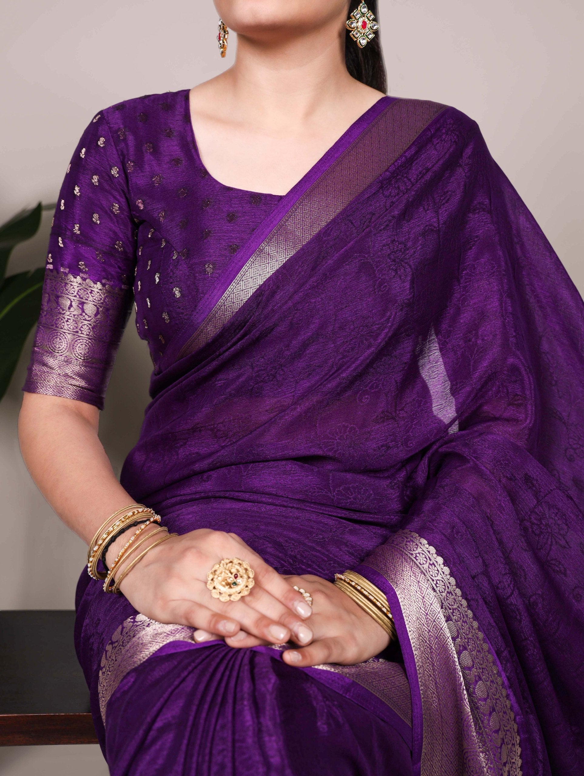 Purple Elegant Chinon Saree with Self Print & Zari Weaving Work Unstitched Blouse Included