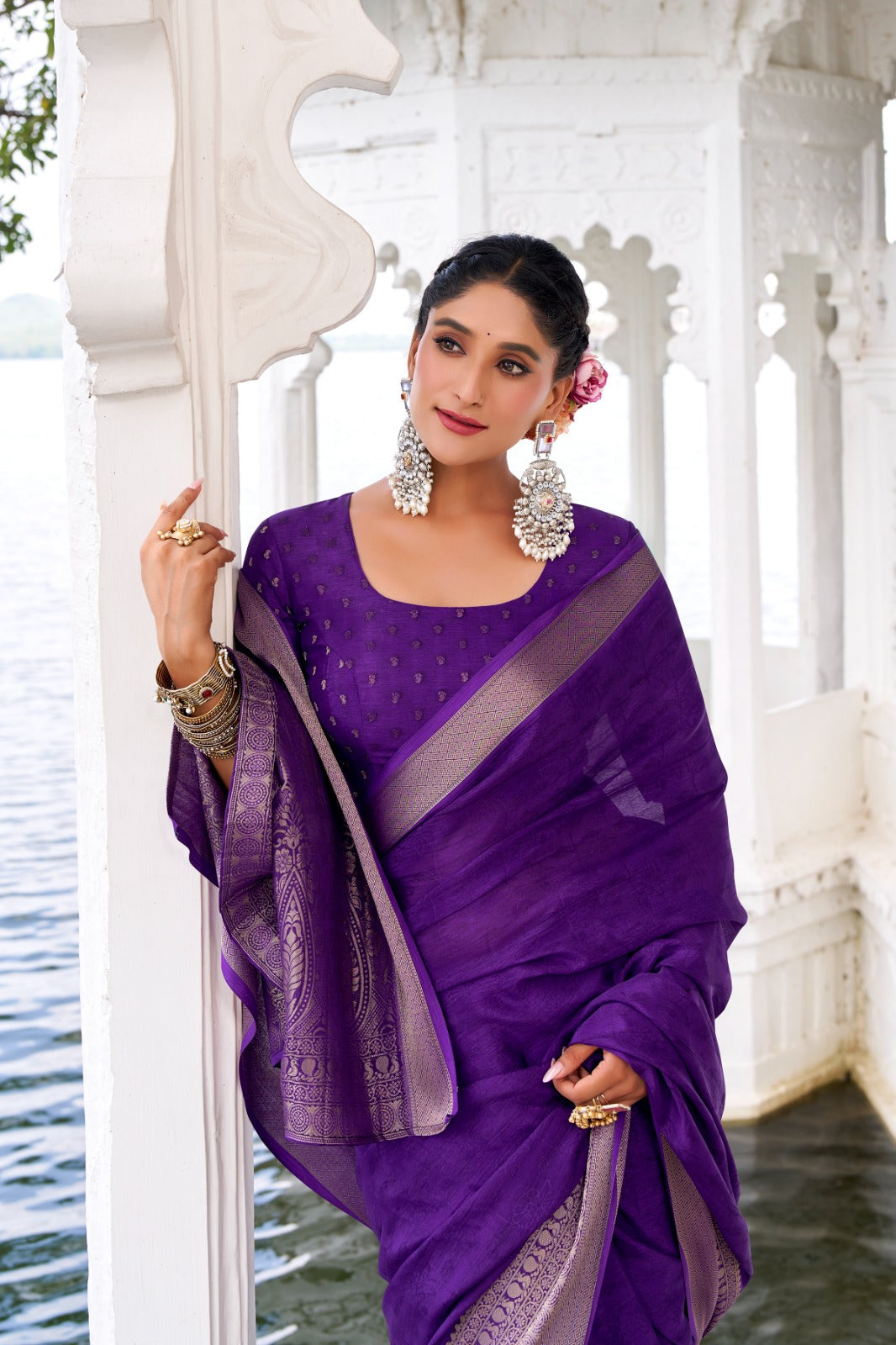 Purple Elegant Chinon Saree with Self Print & Zari Weaving Work Unstitched Blouse Included
