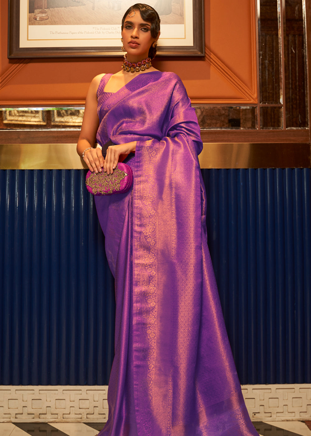 Purple Elegant Festive Blended Silk Kanjivaram Saree