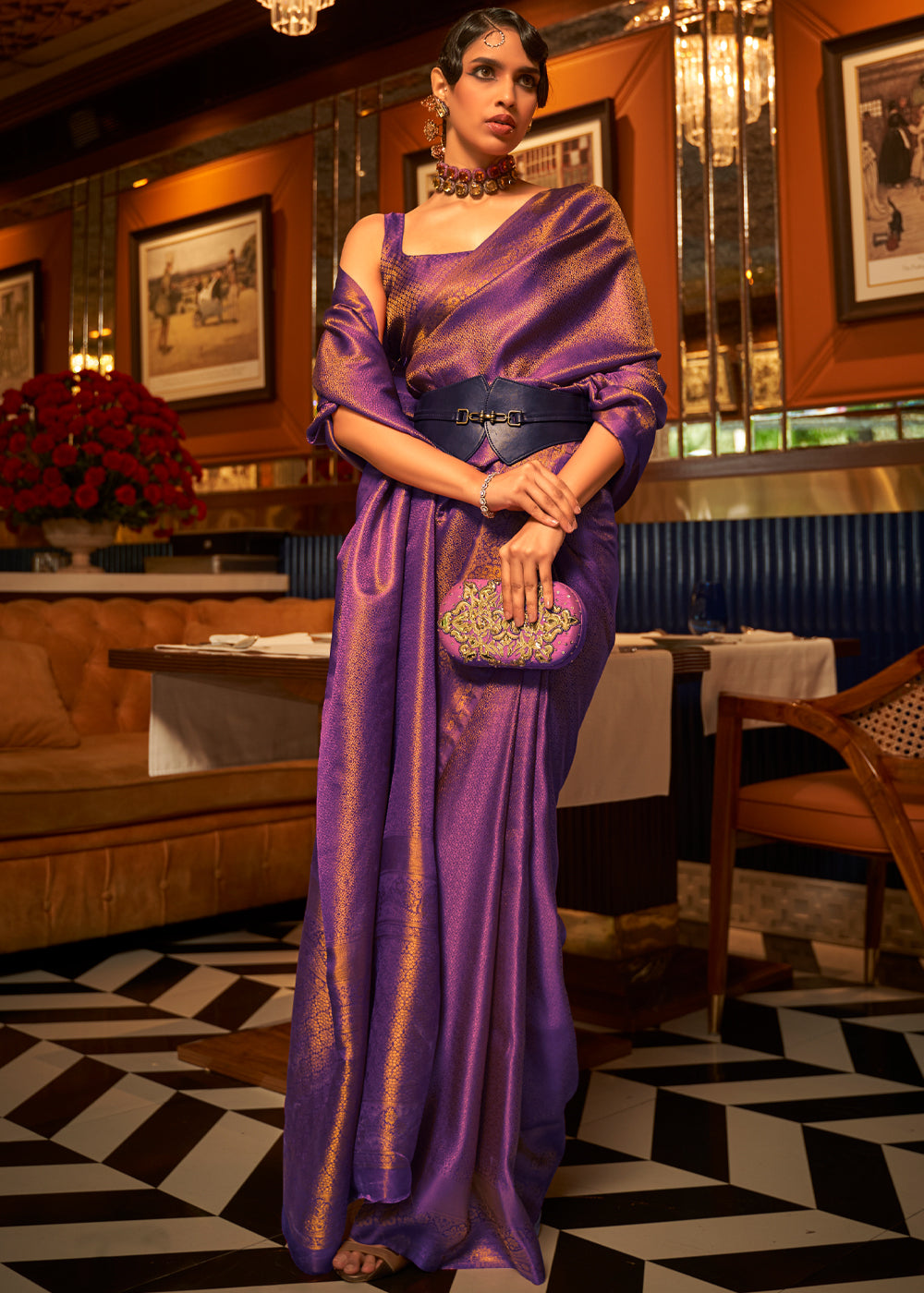 Purple Elegant Festive Blended Silk Kanjivaram Saree