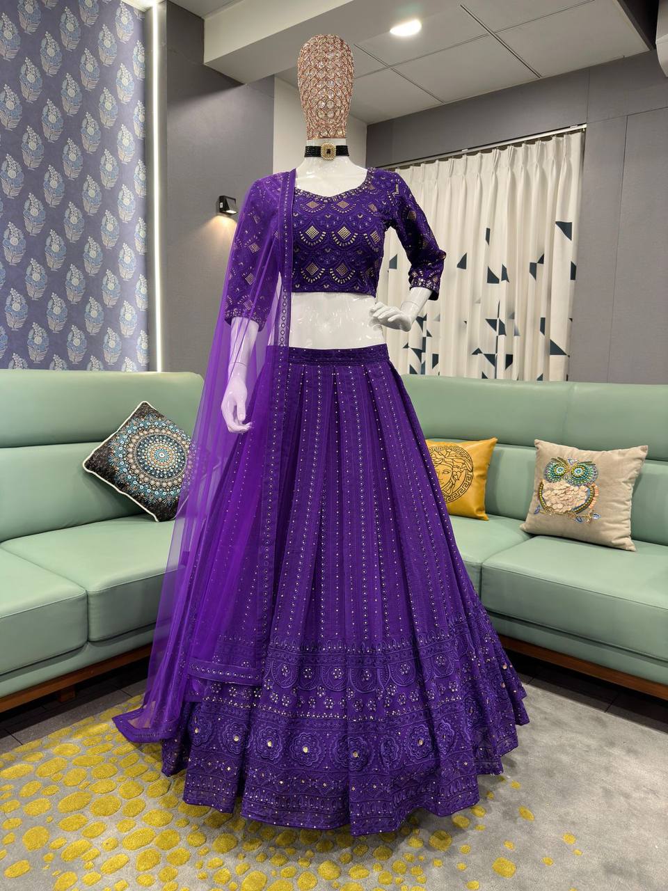 Purple Elegant Fox Georgette Embroidered Lehenga Choli Set with Dupatta