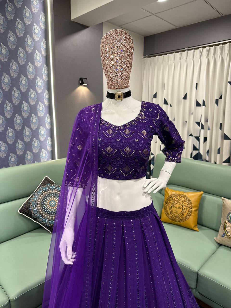 Purple Elegant Fox Georgette Embroidered Lehenga Choli Set with Dupatta
