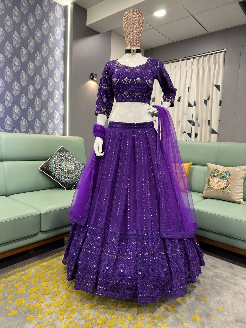 Purple Elegant Fox Georgette Embroidered Lehenga Choli Set with Dupatta
