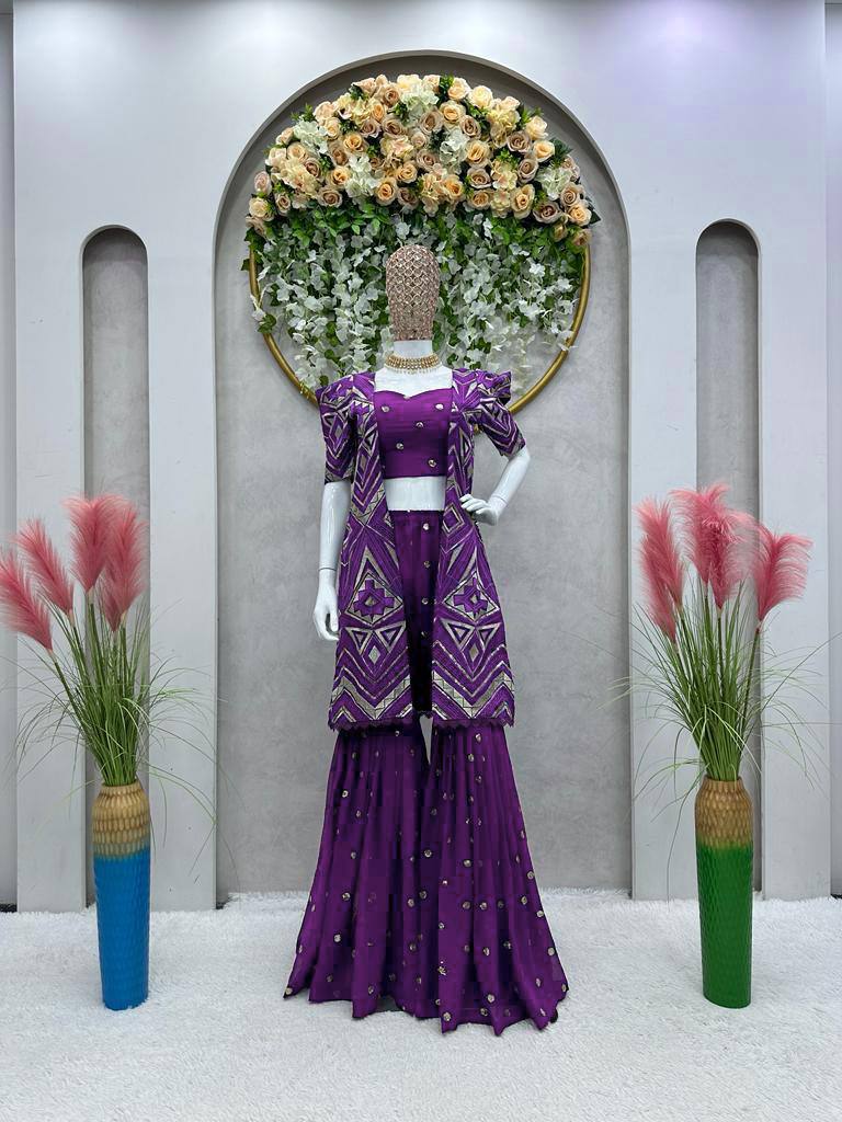 Purple Elegant Fox Georgette Koti Set with Choli & Plazo | Sequins Glam for Festive & Party Wear