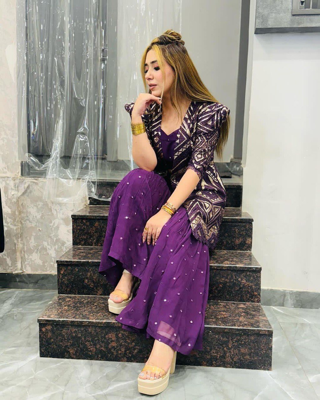 Purple Elegant Fox Georgette Koti Set with Choli & Plazo | Sequins Glam for Festive & Party Wear