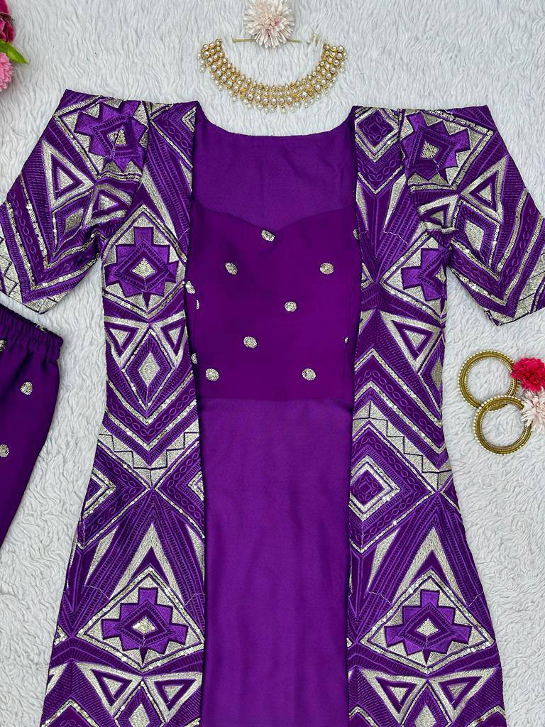 Purple Elegant Fox Georgette Koti Set with Choli & Plazo | Sequins Glam for Festive & Party Wear