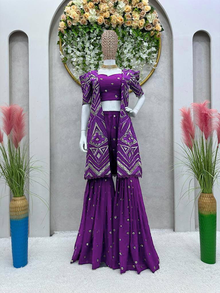 Purple Elegant Fox Georgette Koti Set with Choli & Plazo | Sequins Glam for Festive & Party Wear
