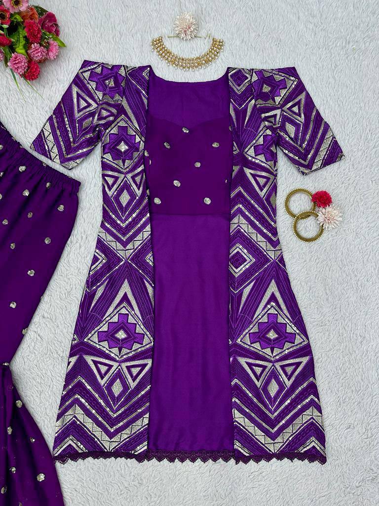 Purple Elegant Fox Georgette Koti Set with Choli & Plazo | Sequins Glam for Festive & Party Wear