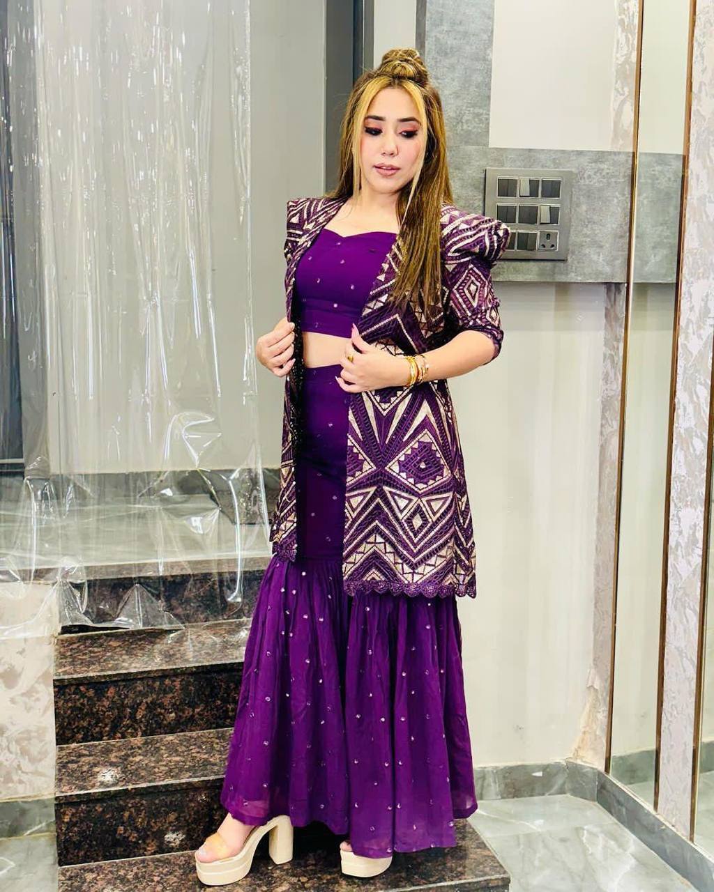 Purple Elegant Fox Georgette Koti Set with Choli & Plazo | Sequins Glam for Festive & Party Wear