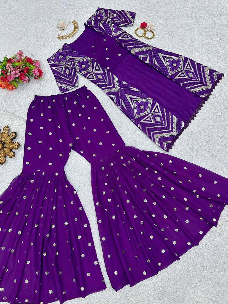 Purple Elegant Fox Georgette Koti Set with Choli & Plazo | Sequins Glam for Festive & Party Wear
