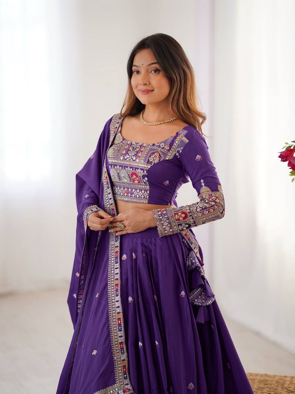 Purple Elegant French Crepe Semi-Stitched Lehenga with Multi-Thread & Sequins Embroidery