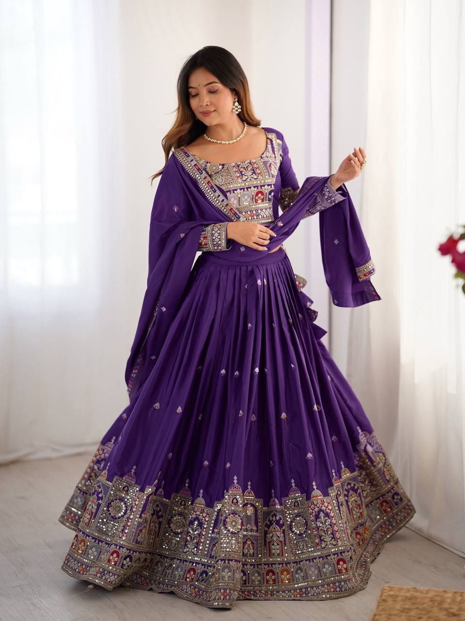 Purple Elegant French Crepe Semi-Stitched Lehenga with Multi-Thread & Sequins Embroidery