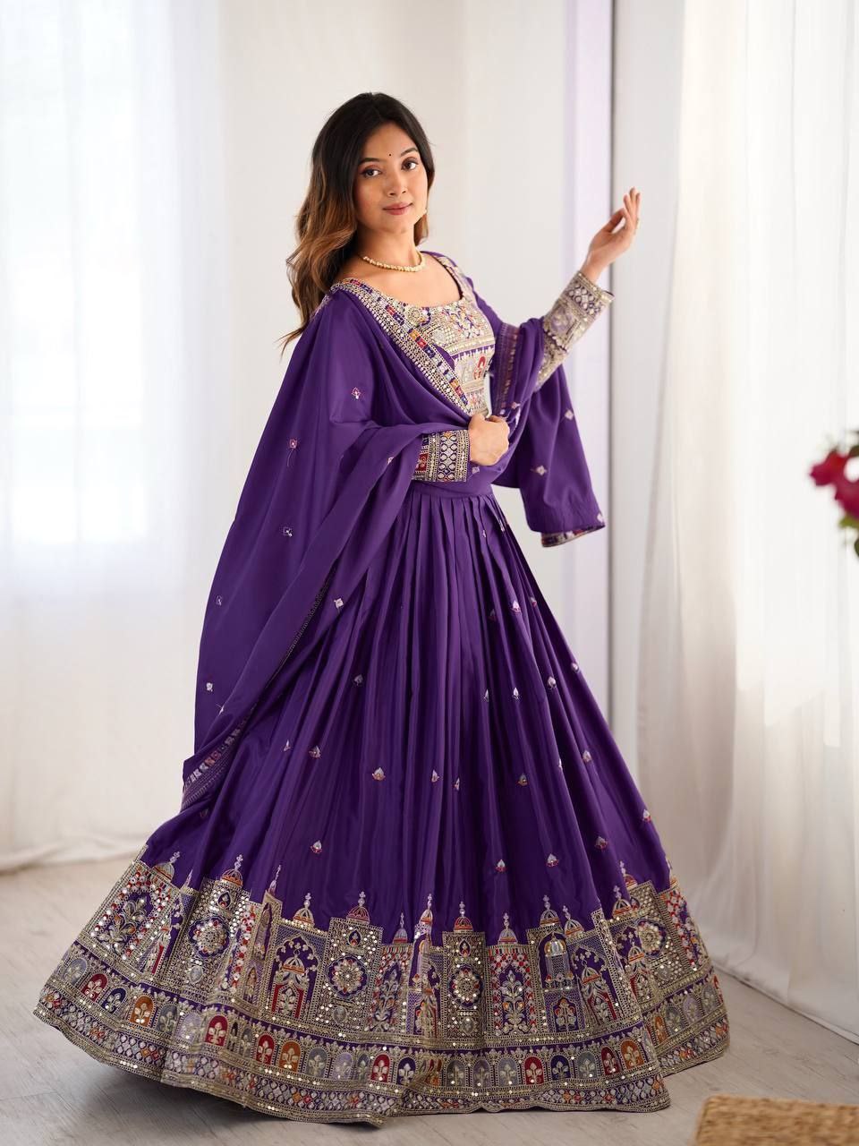 Purple Elegant French Crepe Semi-Stitched Lehenga with Multi-Thread & Sequins Embroidery