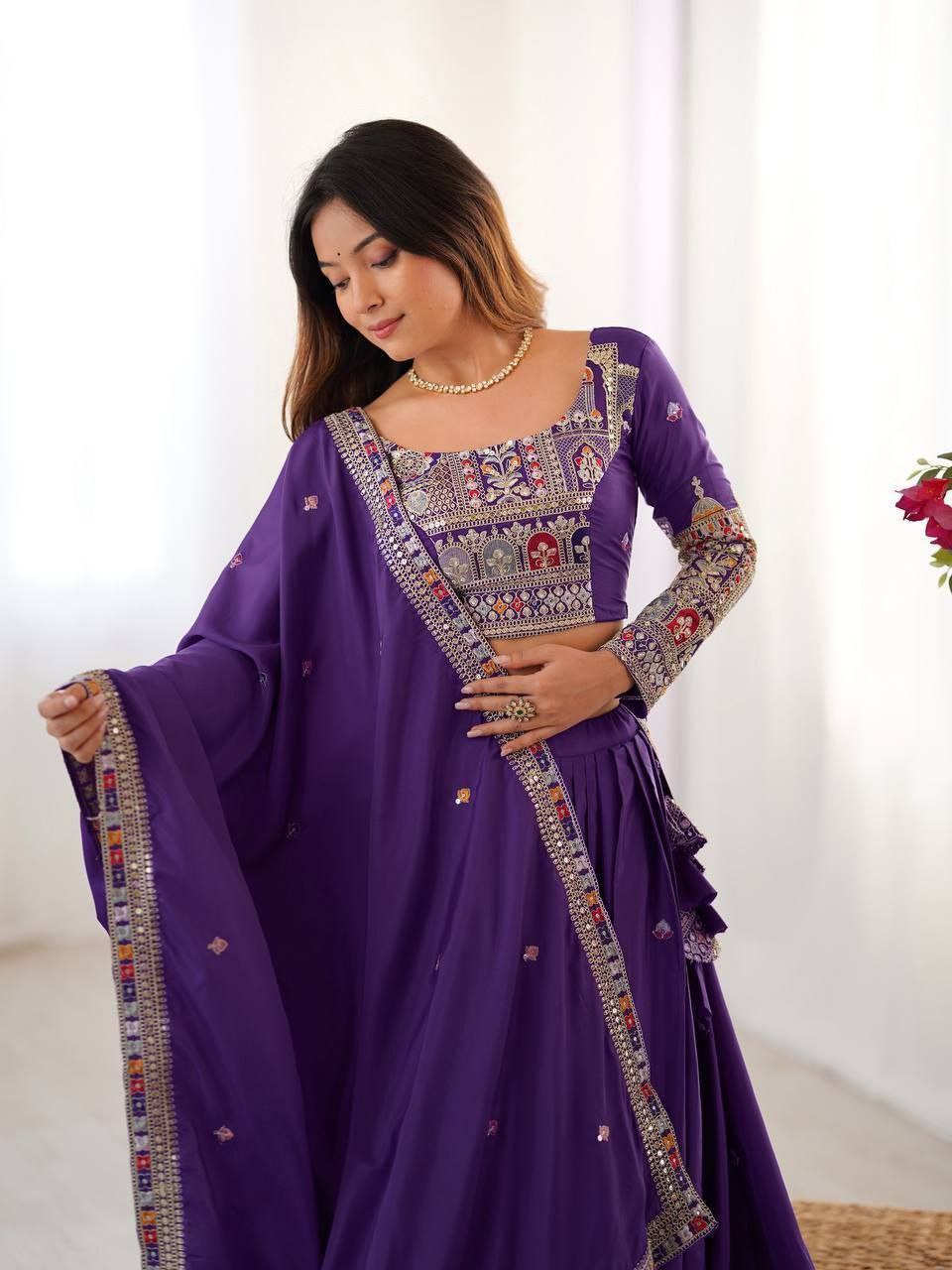Purple Elegant French Crepe Semi-Stitched Lehenga with Multi-Thread & Sequins Embroidery
