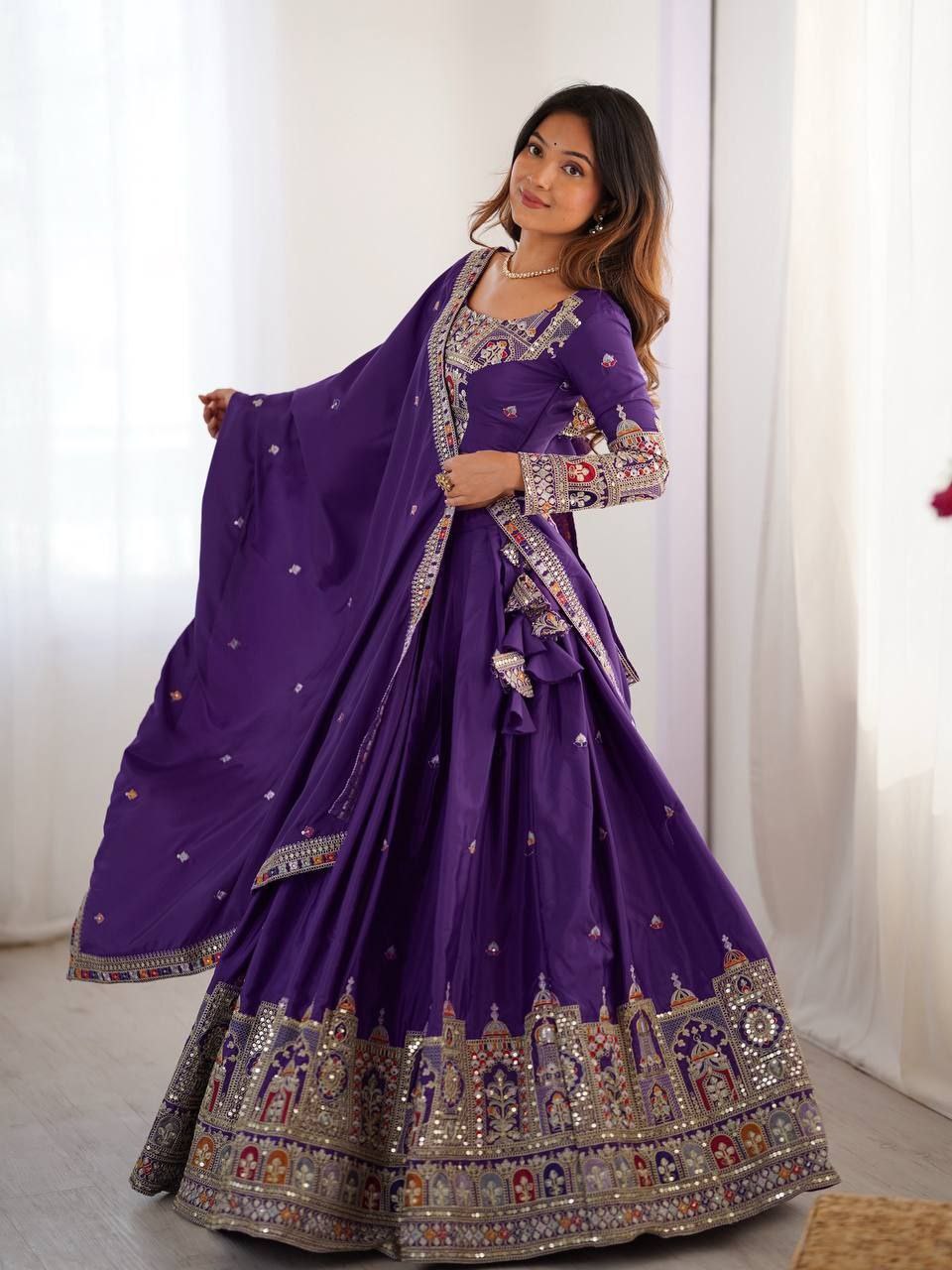 Purple Elegant French Crepe Semi-Stitched Lehenga with Multi-Thread & Sequins Embroidery