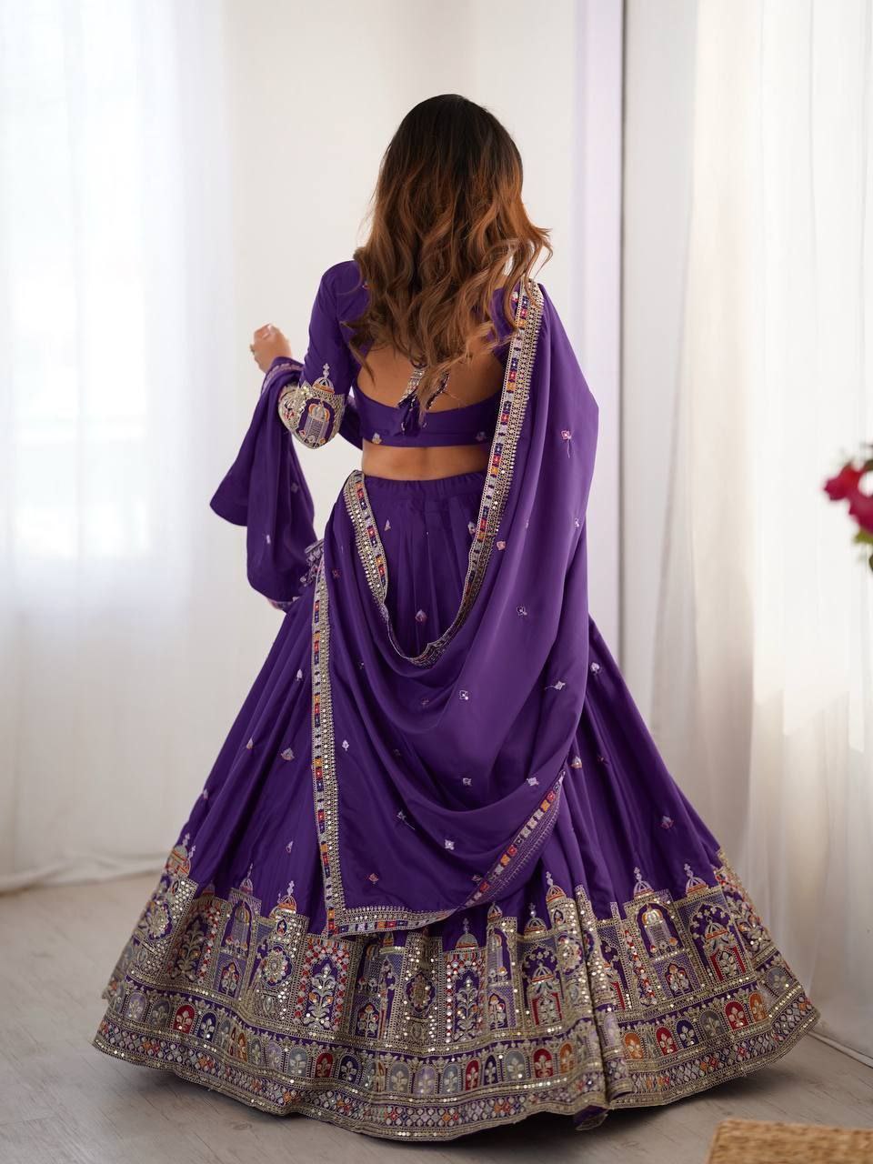 Purple Elegant French Crepe Semi-Stitched Lehenga with Multi-Thread & Sequins Embroidery