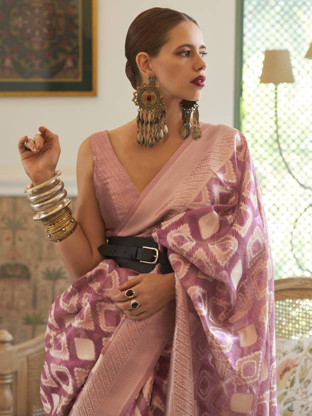 Purple Elegant Handloom Organza Woven Bollywood Saree with Unstitched Blouse Piece