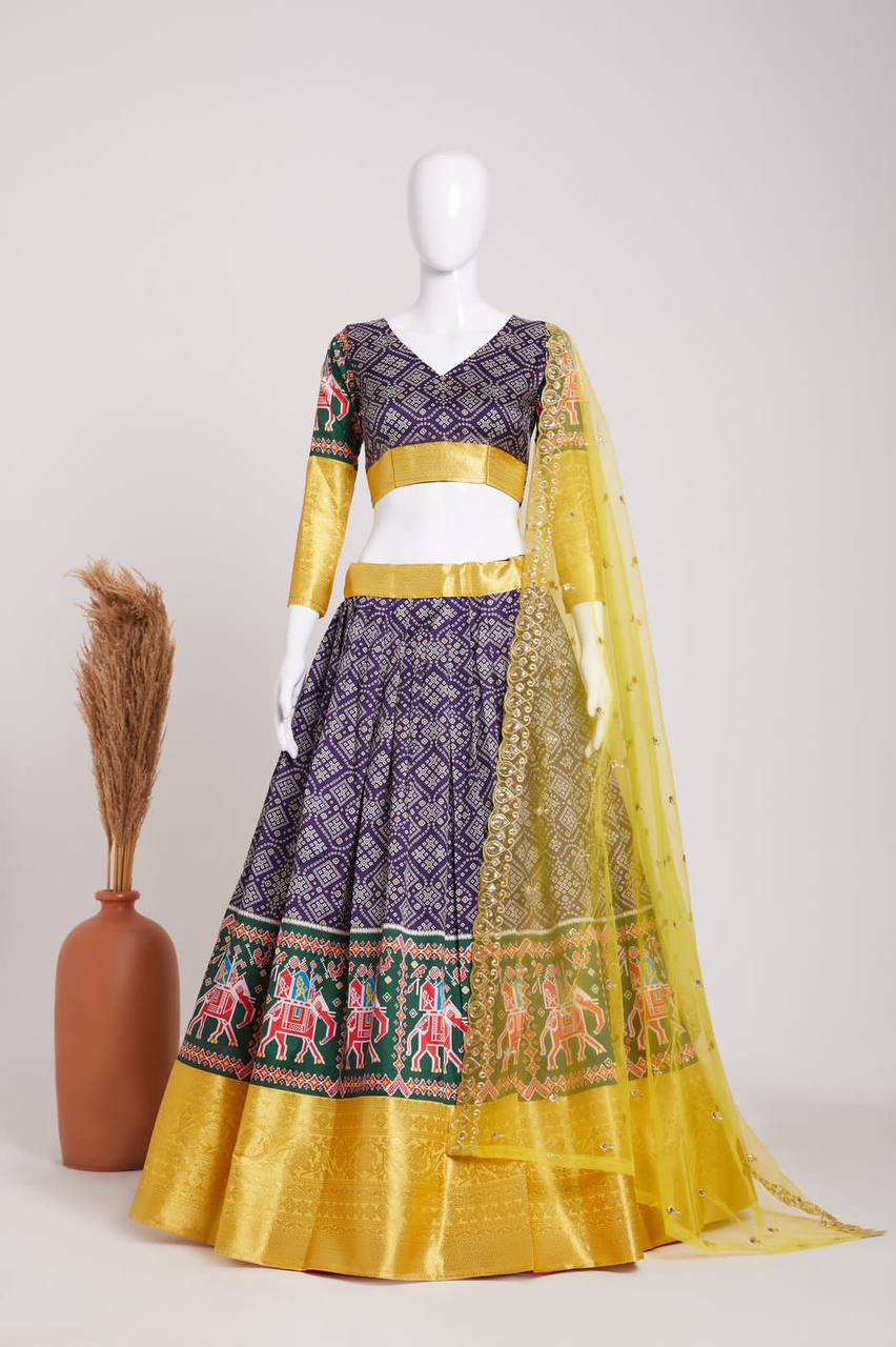 Purple Elegant Heavy Dola Jacquard Silk Lehenga Set with Yellow Embroidered Net Dupatta