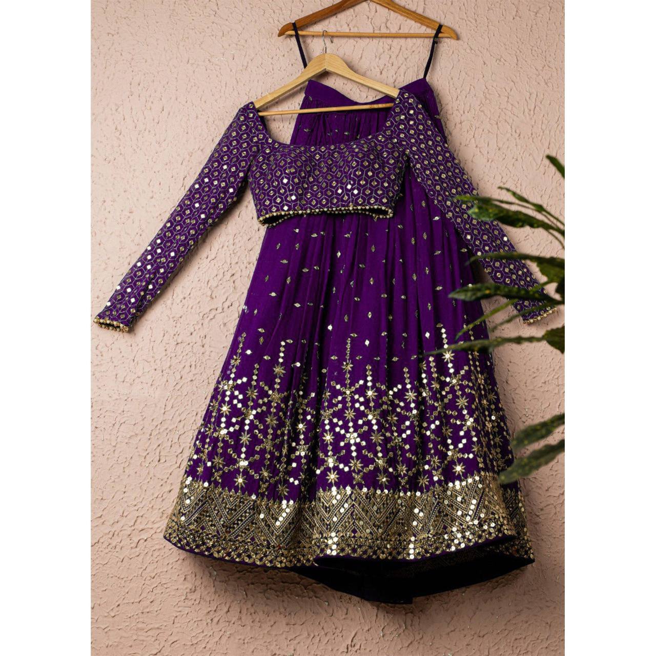Purple Elegant Heavy Georgette Embroidered Lehenga Set with Sequins & Moti Border Dupatta