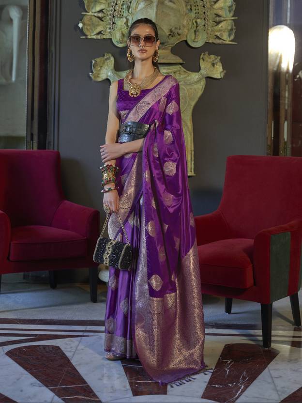 Purple Elegant Kanjivaram Silk Blend Saree with Unstitched Blouse Piece
