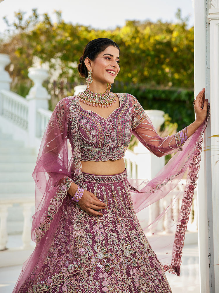 Lavender Elegant Multi-Color Sequin Embroidered Net Lehenga Choli Dupatta