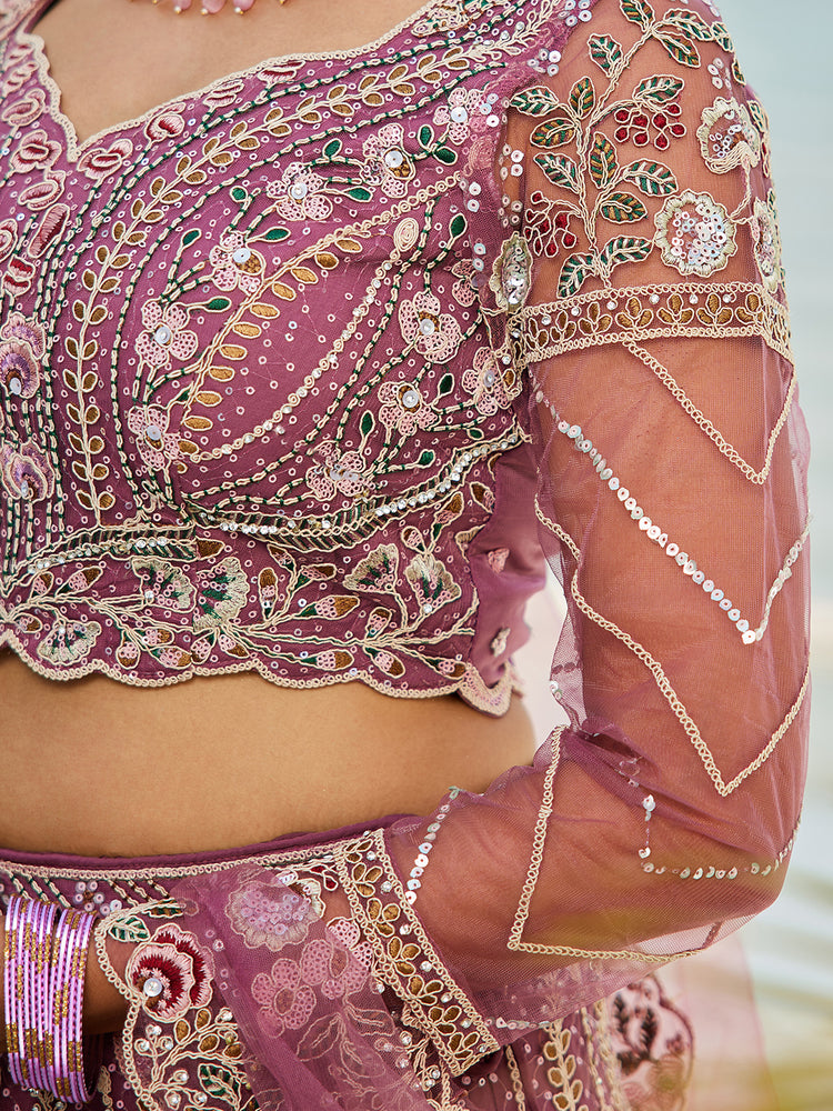 Lavender Elegant Multi-Color Sequin Embroidered Net Lehenga Choli Dupatta