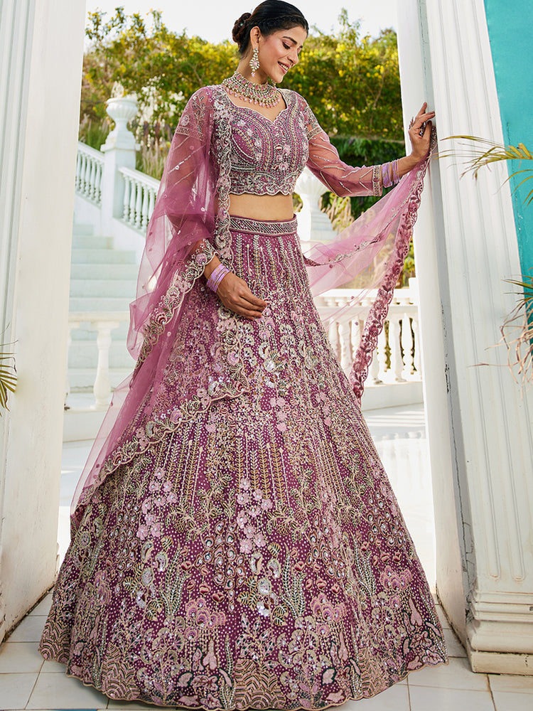 Lavender Elegant Multi-Color Sequin Embroidered Net Lehenga Choli Dupatta