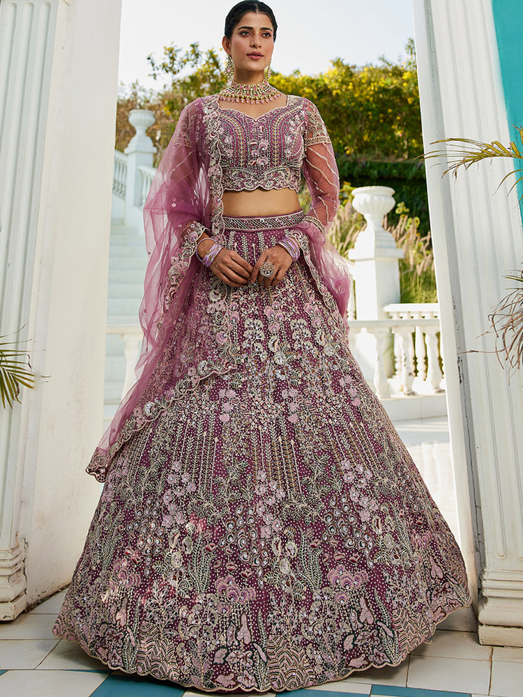 Lavender Elegant Multi-Color Sequin Embroidered Net Lehenga Choli Dupatta