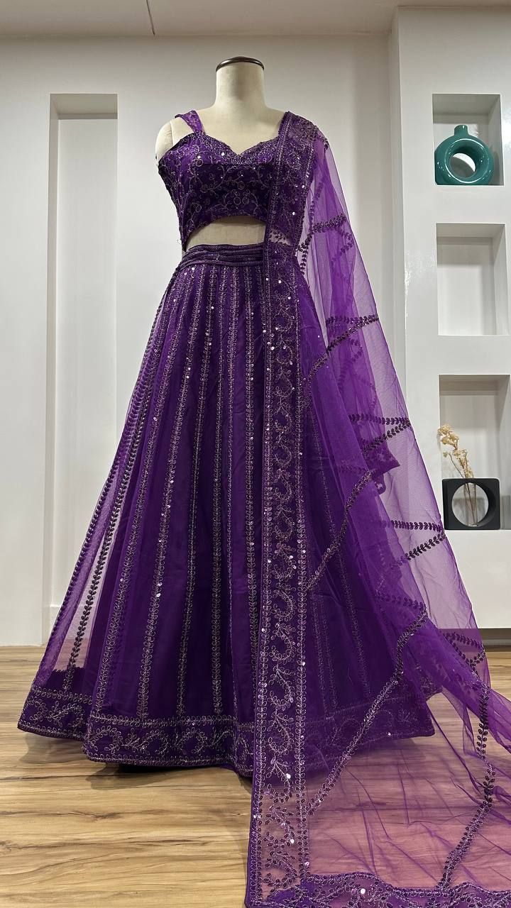 Purple Elegant Net Lehenga Set with Sequins & Dori Work