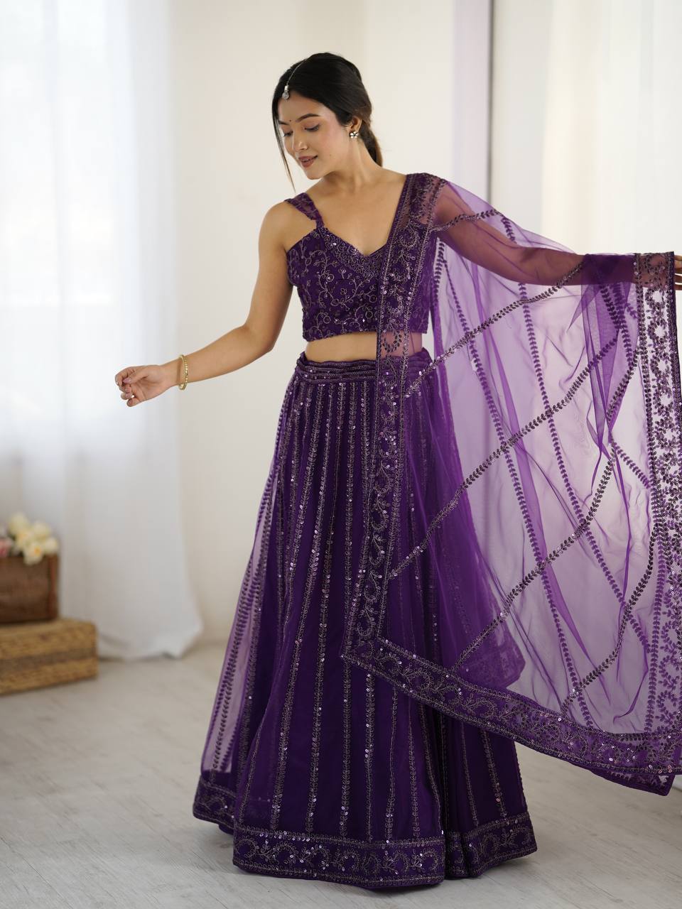 Purple Elegant Net Lehenga Set with Sequins & Dori Work